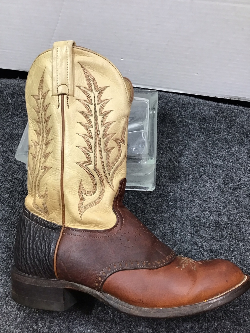 Vintage Tony Lama Tri-color Brown Black Tan Western Cowboy Boots 7.5